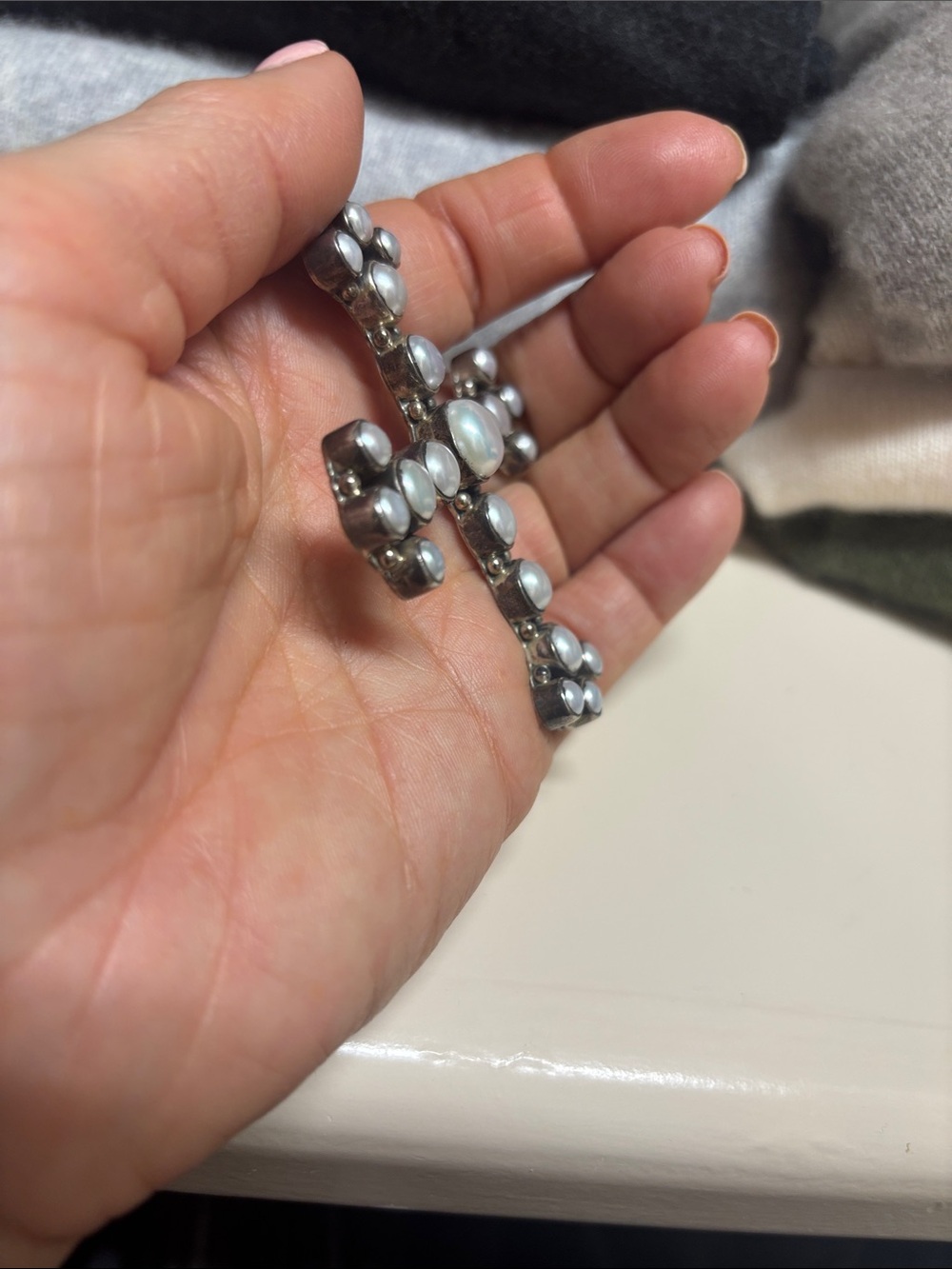Sterling Silver Cross Pendant with Pearl Cabochons by Dan Dodson - Picture 3 of 4